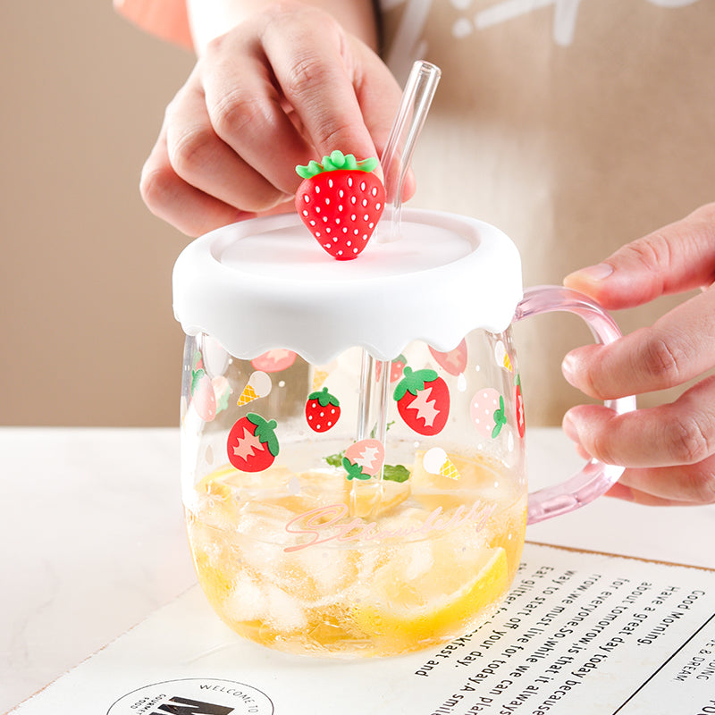 JHNIF 10 Oz Lovely Strawberry Clear Glass Mug with Lid and Straw.