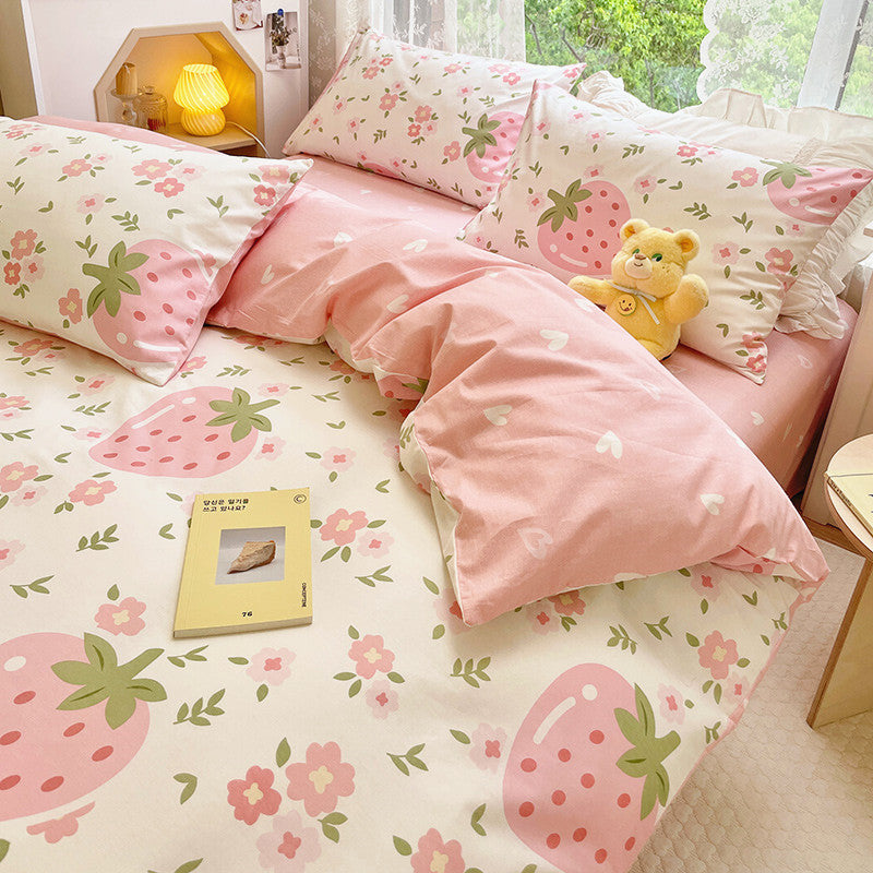 Pisoshare Cute Strawberry Flower Korean Bedding Set Twin Full