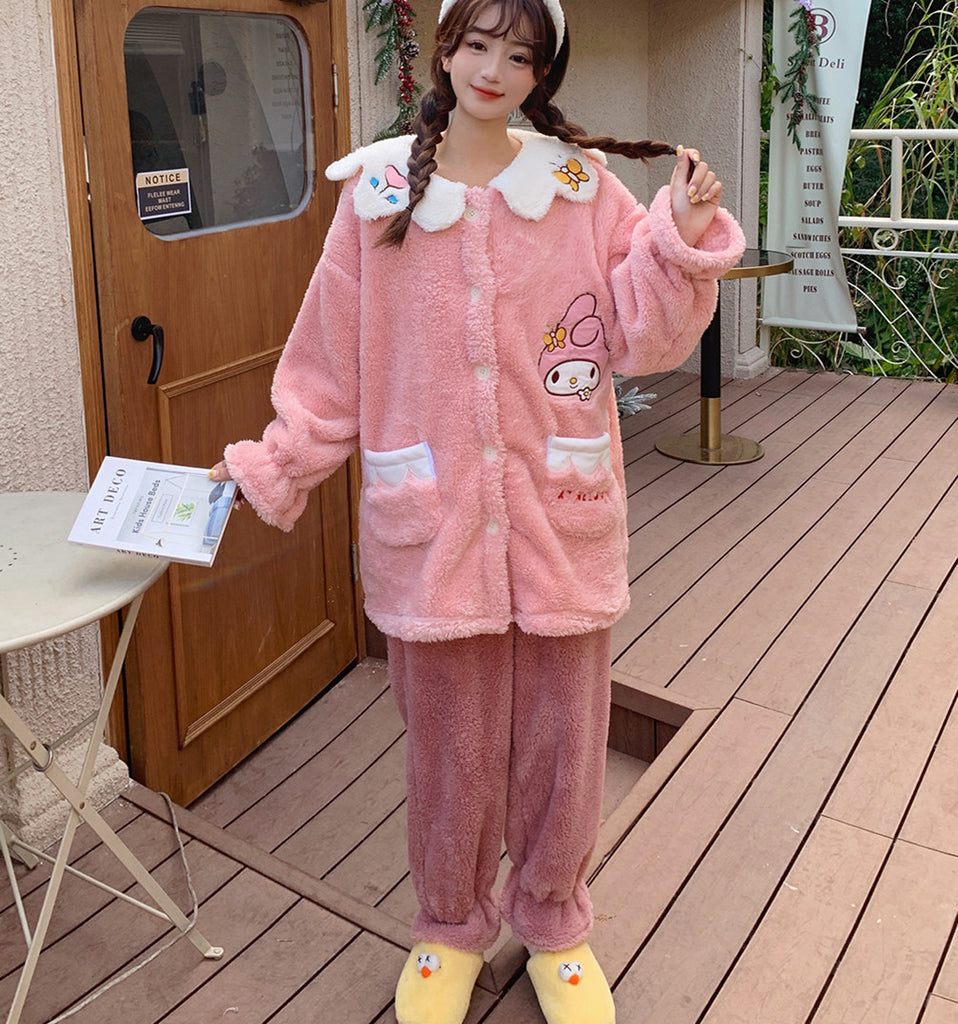 Y2K Anime Sanrio Hello Kitty Pajama Pants Cute Loungewear Women Sleepwear  Thickening Plush Pajamas Set Kawaii Thermal Nightwear