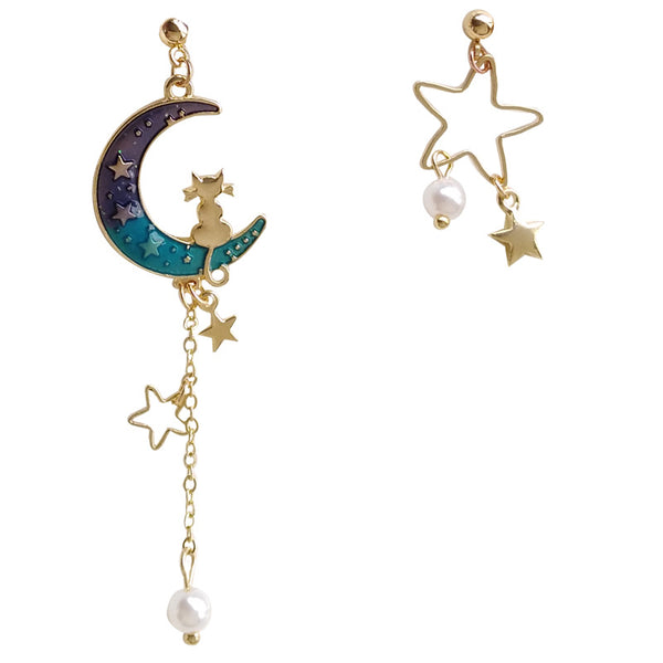 Cute Moon And Star Asymmetrical Earrings/Clips PN1264