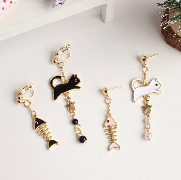 Lovely Cat and Fish Earrings/Clips PN2814