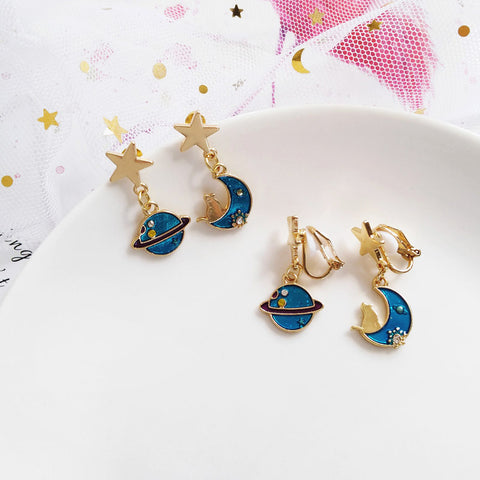 Cute Moon And Star Asymmetrical Earrings/Clips PN1566