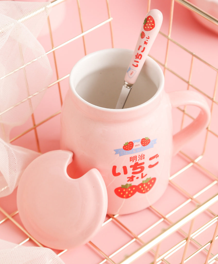 Kawaii Strawberry Milk Mug with Spoon – Kawaiies