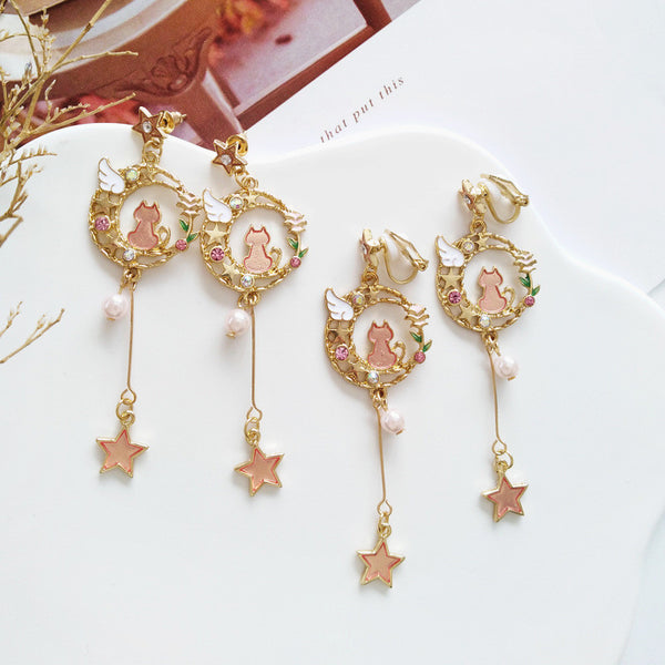 Cute Cat Moon Earrings/Clips PN1229