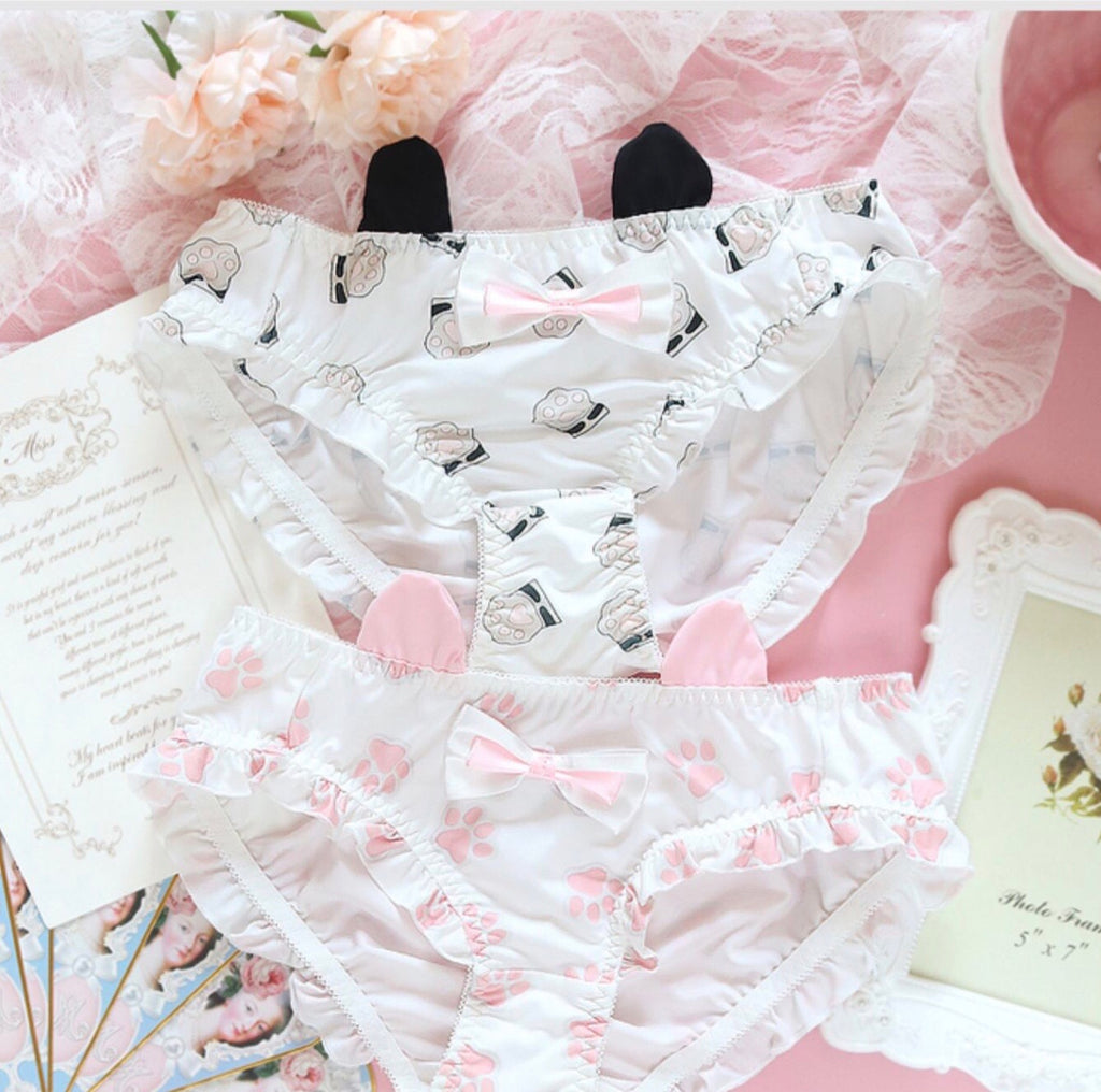 Cute cat paw Print Couples Underwear Kawaii Girls Peach Lace Sexy